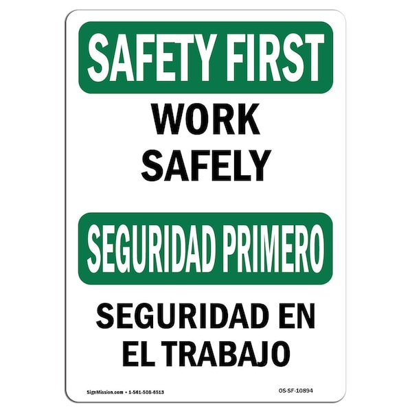 OSHA Sign, Work Safely Bilingual, 5in X 3.5in Decal, 10PK, 3.5" W, 5" L, Landscape, PK10